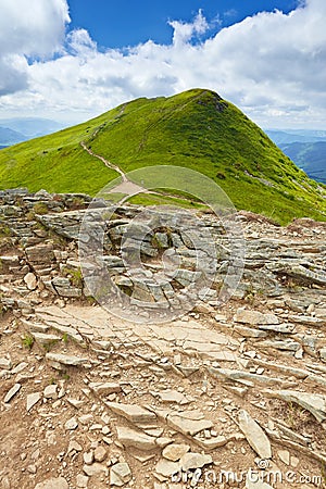 Mountains landscape. Rocky trail by Bieszczady National Park. Stock Photo