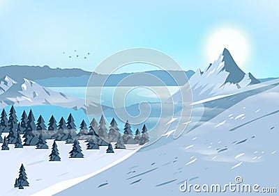 Mountains landscape, travel and adventure natural concept postcard vector abstract background illustration in horizontal Vector Illustration