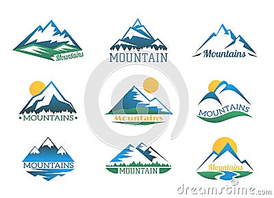 Mountains logo set. Mountain peak landscape with snow cover emblems vector illustration Vector Illustration