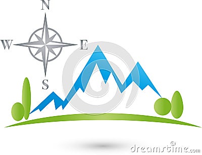 Mountains and meadow, Sport and Tourism Logo Stock Photo