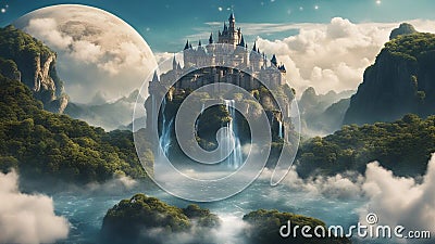 mountains and the moon Fantasy waterfall of stars, with a landscape floating islands clouds, with a castle over a waterfall Stock Photo