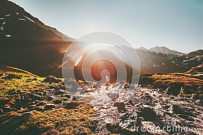 Mountains morning sunrise over river Landscape Stock Photo