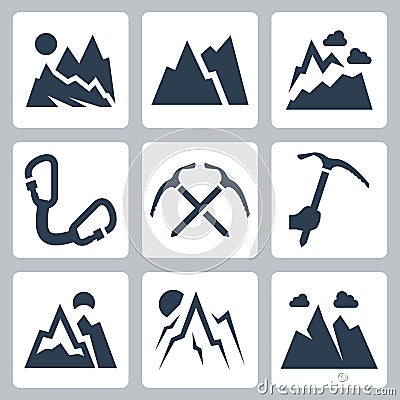 Mountains and mountaineering icons set Vector Illustration