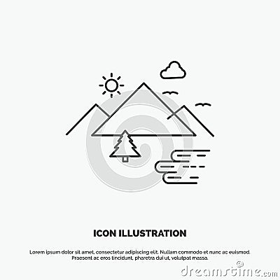 Mountains, Nature, Outdoor, Clouds, Sun Icon. Line vector gray symbol for UI and UX, website or mobile application Vector Illustration