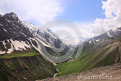 The mountains near Anzob pass and Anzob river in May, Tajikistan Stock Photo