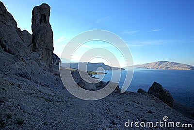 Mountains on Pag Island and the view on Adriatic Sea Stock Photo