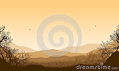 Mountains panorama with a realistic silhouette of dry trees in the afternoon from the countryside. Vector illustration Vector Illustration