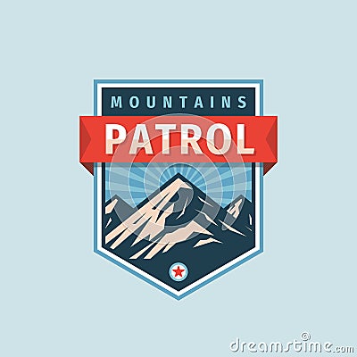 Mountains patrol - concept badge. Climbing logo in flat style. Extreme exploration sticker symbol. Camping & hiking creative vect Vector Illustration