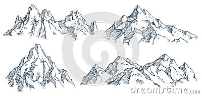 Mountains peak engraving. Vintage engraved sketch of valley with mountain landscape and old forest trees. vector Vector Illustration