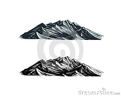 Mountains peaks. Old Hill. Vintage, looking hand drawn. Engraved style. Sketch for hiking, climbing. Doodle style Vector Illustration