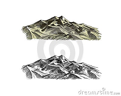 Mountains peaks. Old Hill. Vintage, looking hand drawn. Engraved style. Sketch for hiking, climbing. Doodle style Vector Illustration