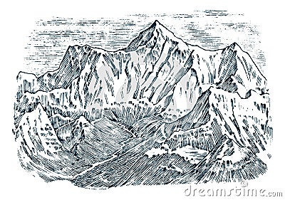 Mountains peaks, vintage Elbrus, old looking hand drawn, sketch or engraved style, different versions for hiking Vector Illustration