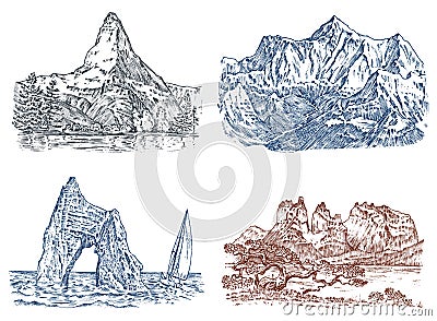 Mountains peaks, vintage Everest and matterhorn, old looking hand drawn, sketch or engraved style, different versions Vector Illustration