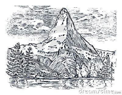 Mountains peaks, vintage matterhorn, old looking hand drawn, sketch or engraved style, different versions for hiking Vector Illustration