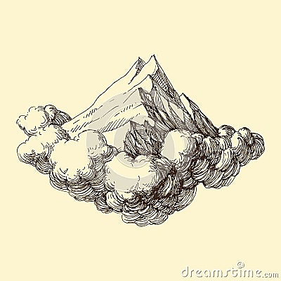 Mountains ranges in the clouds hand drawing Vector Illustration