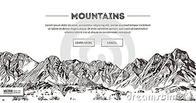 Mountains ranges. Nature sketch. Spiky mountain landscape sketch hand drawing, in engraving etching style, for extreme Vector Illustration