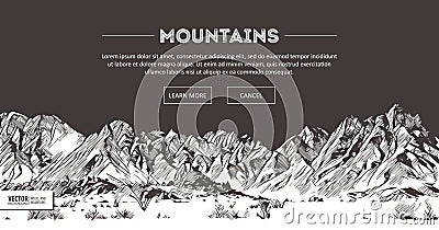 Mountains ranges. Nature sketch. Spiky mountain landscape sketch hand drawing, in engraving etching style, for extreme Vector Illustration