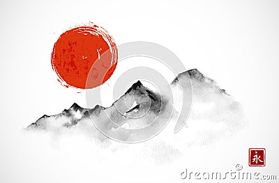 Mountains and red sun hand drawn with ink in minimalist style on white background. Traditional oriental ink painting Vector Illustration