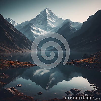 Mountains are reflected in a lake with rocks and grass. Stock Photo