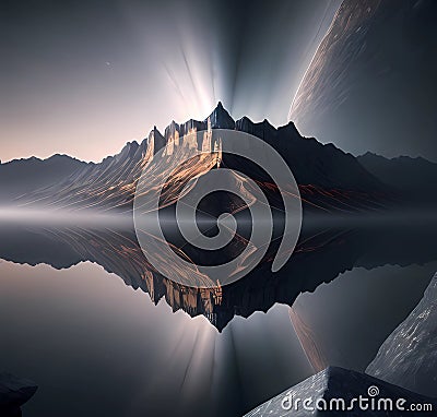 Mountains reflected in the lake surface - AI generated art Stock Photo