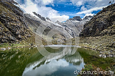 Reflections on a glacial lake in the Cordillera, Blanca. Huaraz, Peru Stock Photo