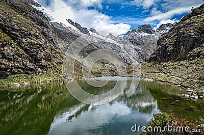 Reflections on a glacial lake in the Cordillera, Blanca. Huaraz, Peru Stock Photo