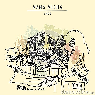 Vang Vieng, Laos, Southeast Asia. Mountains, riverside and a guesthouse. Vintage hand drawn touristic postcard in vector Vector Illustration
