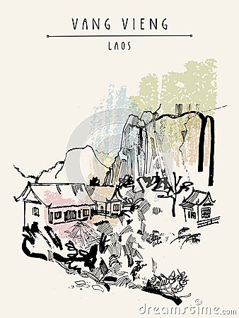 Mountains, riverside, guesthouse in Vang Vieng, Laos, Southeast Asia. Vintage hand drawn touristic postcard in vector Vector Illustration