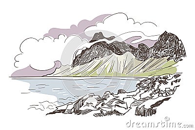 Mountains rock sea view vector sketch landscape line illustration skyline Cartoon Illustration