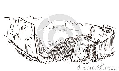 Mountains rock valley cliff view vector sketch landscape line illustration skyline Cartoon Illustration