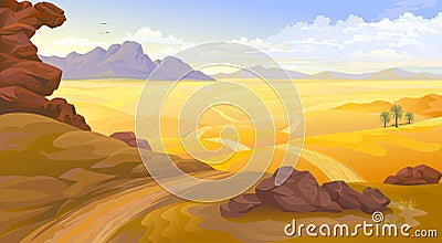 Mountains and rocks on a desert landscape. A road across the empty desert. Vector Illustration