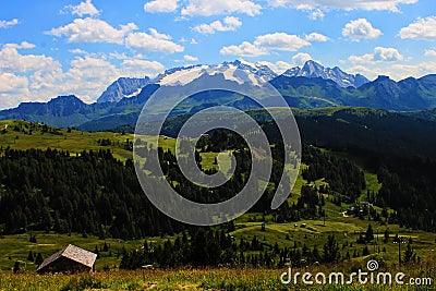 Mountains scenery to path, cottage, Marmolada and very nice nature in Alta Badia, Dolomiti mountains Italy, Europe Stock Photo