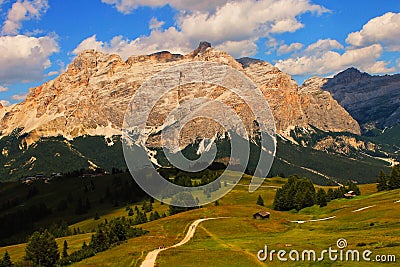 Mountains scenery to path, cottage, Sassongher and very nice nature in Alta Badia, Dolomiti mountains Italy, Europe Stock Photo