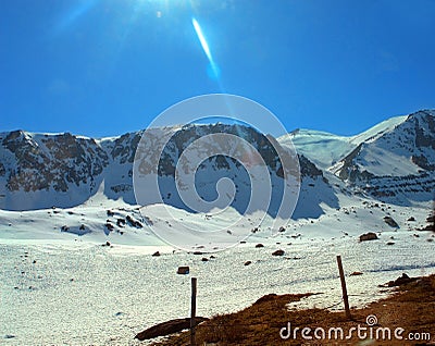 Mountains seen from the road to Nevado Snowy Valley in Chile South America. Stock Photo