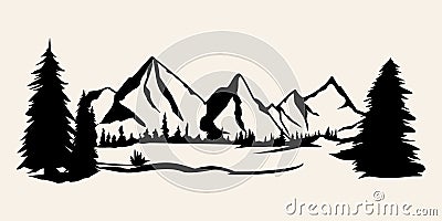 Mountains silhouettes. Mountains vector, Mountains vector of outdoor design elements, Mountain scenery, trees, pine vector, Stock Photo