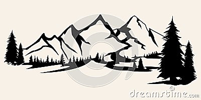 Mountains silhouettes. Mountains vector, Mountains vector of outdoor design elements, Mountain scenery, trees, pine vector, Stock Photo