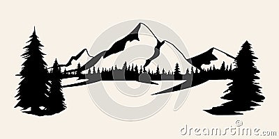 Mountains silhouettes. Mountains vector, Mountains vector of outdoor design elements, Mountain scenery, trees, pine vector, Stock Photo