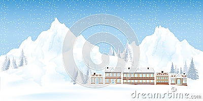 Mountains ski resort with house and pine in the snowy forest. Vector Illustration