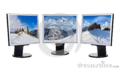 Mountains ski resort Kaprun Austria panorama in computer screens Stock Photo