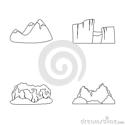 mountains with snow tops, a canyon, rocks with forests, a lagoon and rocks. Different mountains set collection Vector Illustration