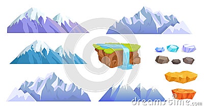 Mountains with Snow Tops, Cliff Stones, Waterfall Vector Illustration