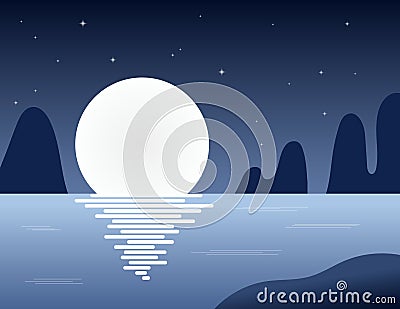 Mountains, stars, full moon, lake landscape Vector Illustration