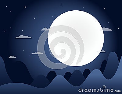 Mountains, stars, full moon landscape, background. Vector Illustration