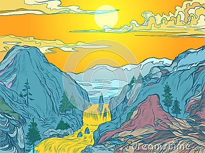 Mountains sun river mountain resort or natural Park Vector Illustration