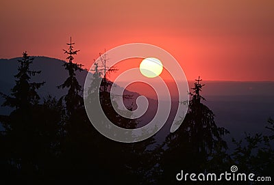 Mountains sunset in red dress Stock Photo