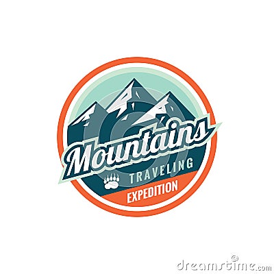 Mountains traveling expedition - concept badge. Climbing logo in flat style. Extreme exploration sticker symbol. Adventure outdoor Vector Illustration