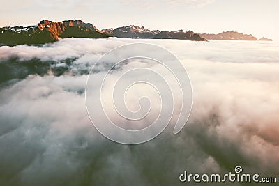 Mountains view above clouds landscape sunset rocks Stock Photo