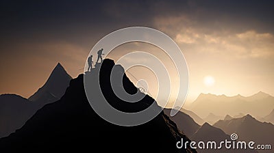 mountaintop climbers' silhouettes significance of mutual aid and shared success in reaching goals Stock Photo