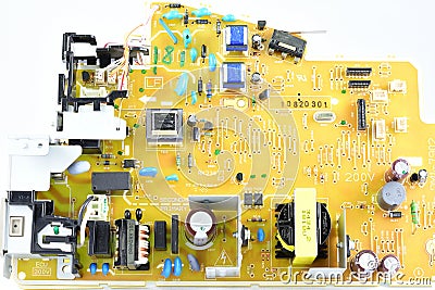 Mounted circuit Board, front view, radio components Stock Photo