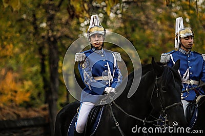 Mounted female member of the Romanian Jandarmi horse riders from the Romanian Gendarmerie in ceremonial and parade uniform Editorial Stock Photo